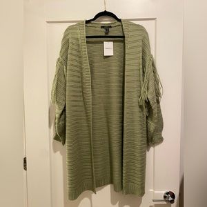 Forever 21 olive green woven cardigan with fringe along the sleeves and back